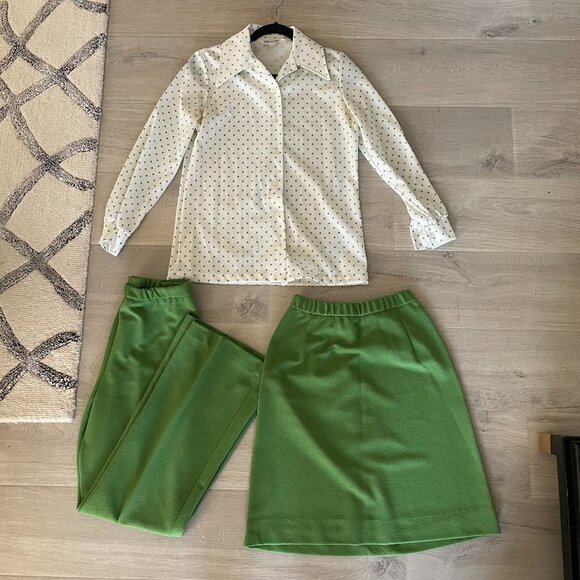 VINTAGE 1960s Devonette Polytron 3 piece set blouse skirt pants size 12 - Picture 1 of 13